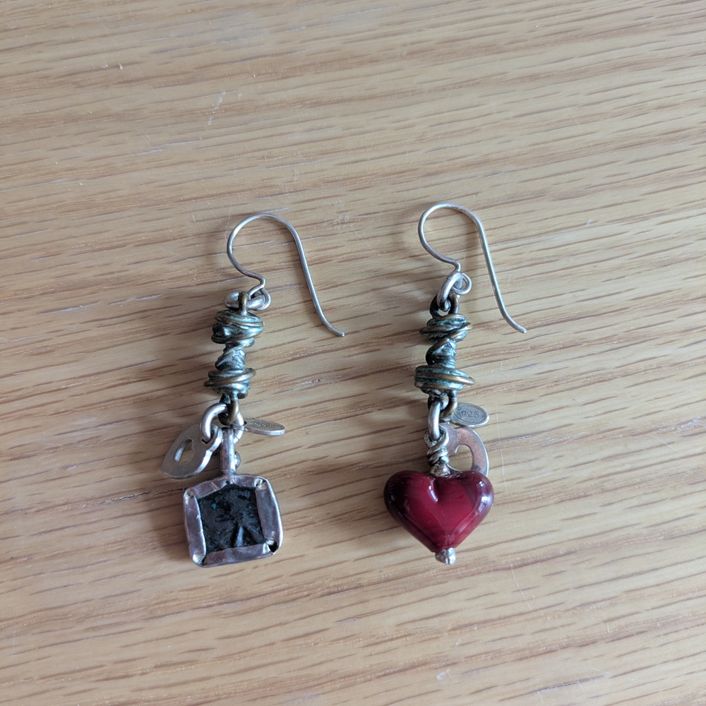 Artisan Mismatched Heart and Stone Drop Earrings - Red and Dark Silver-Tone